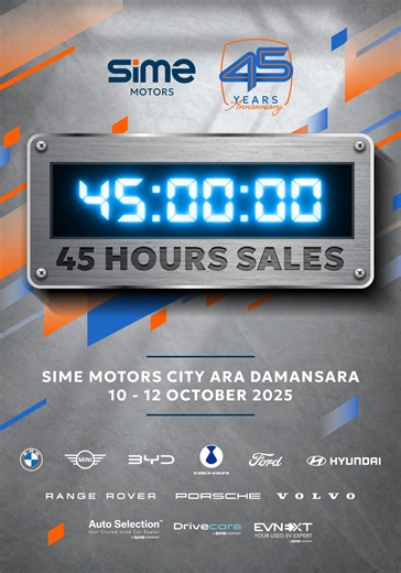 Sime Motors 在马来西亚迎来辉煌的 45 周年纪念！ 限时 45 小时的无敌优惠、独家购车礼遇，以及超丰厚大奖等你来赢 — 最大亮点是有机会把耀眼的 BMW 2 Series Gran Coupé 开回家！🔥 📍 活动地点：Sime Motors City, Ara Damansara 🗓️ 活动日期：2025年10月10日至10月12日 千万别错过这场限时优惠与专属预售名额！ 👇 记得锁定并参与直播： 10月10日 晚上 8点 · 45 小时 LIVE 倒数直播 👉 https://www.facebook.com/share/1CZR4kshmi/ 立即登记以获取更多资讯 👉 https://www.simemotors.com.my/campaign/sime-motors-45-years-anniversary #SimeMotors #SimeMotors45周年 #45小时大促销 #BMW #MINI #BMWMotorrad #BYD #DENZA #Hyundai #Ford #RangeRover #Volvo #Porsche #AutoSe