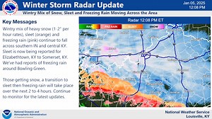 Midday radar update (1/5/25): Wintry mix of snow, sleet & Frz. rain continue. Bands of heavy snow (1-2" per hour) are still likely for Louisville over the next couple hours. Transition from snow to sleet to frz. rain can be expected over the next 2-4 hrs. Updates: https://weather.gov/lmk | US National Weather Service Louisville Kentucky