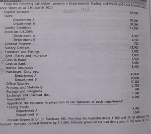 From the following particulars, prepare a Departmental Trading ... | Filo