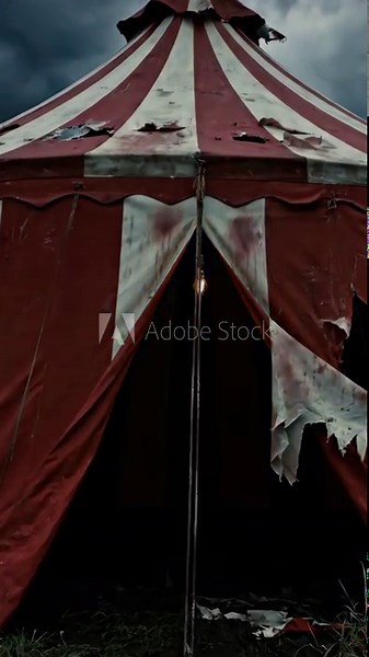 Creepy Abandoned Circus Tent at Night - A dilapidated red and white striped circus tent stands under a dark, stormy sky.