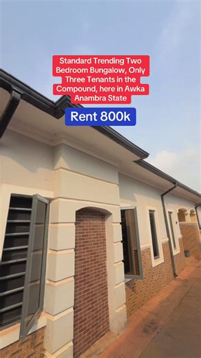 Standard Two bedroom Bungalow flat with pop, Just Three Tenants In the Compound at the Heart of Awka, Anambra state Facilities are: - proximity to tarred road - ⁠good road access - ⁠good network access for all mobile networks both for call and browsing - ⁠Pop all round - ⁠spacious and Have enough ventilation - ⁠have visitors bathroom - screeded all round - ⁠have wardrobe and cabinets - ⁠247 light and water supply - all rooms are masters with private bathroom inside - ⁠modern tiles and all - ⁠thr