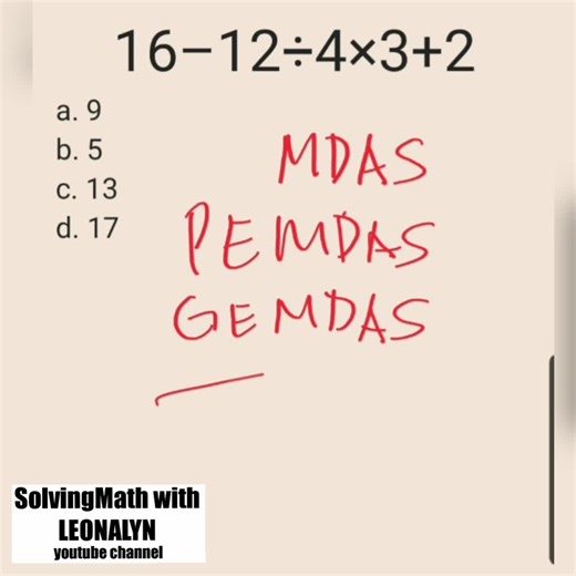MDAS 16–12÷4×3 2=? Basahin LAHAT po with COMPLETE references 👇👇👇 Whenever there are two or more operations, we always follow Order of Operations 👇👇👇 🌻ORDER OF OPERATIONS🌻 also known as PEMDAS or MDAS or GEMDAS, BEDMAS, BODMAS, BIDMAS, GEMS... 👇rules👇 Step1: Parenthesis/groupings -----> solve what is INSIDE the parenthesis accdg pa rin po sa PEMDAS rule... kng sakaling wala sa given proceed lang sa next step. Step2: Exponent / indices -----> gawin lahat ng exponents or indices or other 