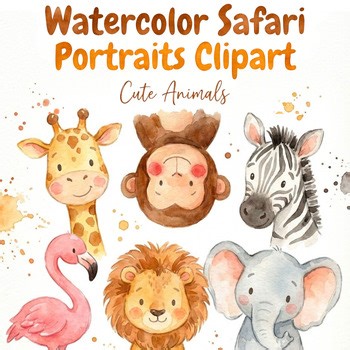 Watercolor Safari Animal Clipart for Worksheets Classroom Projects Printables