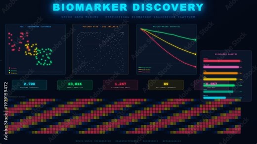 A sophisticated AI Drug Discovery interface dynamically populating with complex omics data visualizations and statistical biomarker analysis.
