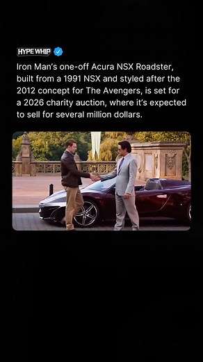 HYPEWHIP on Instagram: "💰 Tony Stark’s one-of-a-kind Acura NSX Roadster, the slick, open-top supercar featured in The Avengers, will soon hit the auction block as a charity lot in 2026 following its public reveal at Monterey Car Week. This bespoke vehicle, meticulously built by Acura’s LA design studio and Trans FX in California, was rebodied atop a 1991 NSX with 252,000 miles, outfitted with striking resin-and-fiberglass bodywork inspired by the 2012 NSX Concept, lowered suspension, 18-inch wh