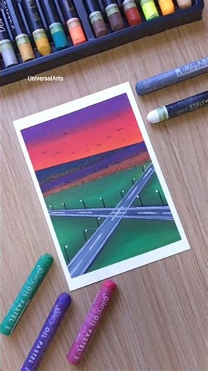 Cross Highway Lights Drawing | Oil Pastel Art Tutorial #art #oilpastel #artshorts #oilpasteldrawing