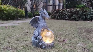 Solar Dragon Garden Statues Outdoor Decor, Resin Dragon Figurine with Solar Crackle Globe LED Lights Lawn Patio Balcony Art Decoration,Housewarming Gifts and Yard Ornament