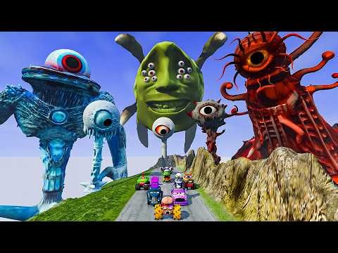 ALL MONSTERS Blue Ice Golem & Red Flesh Pillar vs Multi-Eye Alien & Brain Truck - BeamNG.drive