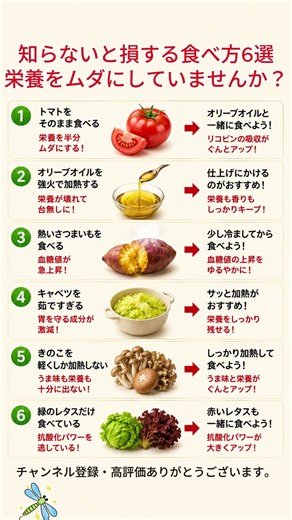 知らないと損する食べ方6選栄養をムダにしていませんか？ #健康 #健康習慣 #食生活 #栄養 #食べ方 #トマト #オリーブオイル #さつまいも #キャベツ #きのこ #レタス #雑学 #健康豆知識