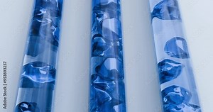 3D animation of blue liquid flowing through closed pipes represents the chemical reactions involved in the creation of a medical product at the Beauty Laboratory.