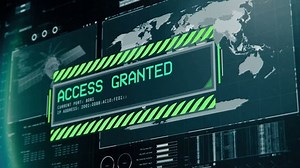 Authorization process, access granted green message on screen, system login. Program interface with access granted message, system login