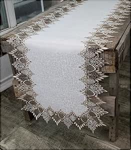 LINENS ART AND THINGS Lace Table Runner Neutral Earth Tones White Jacquard Dresser Scarf (16Wx35L)