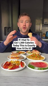 You Can Literally Have All Of This For Just 1,300 CALORIES!!! 🔥🔥🔥🔥🔥🔥 Breakfast: 246 calories Breakfast Muffin 💪🏽😀 * Eggs: 1 egg, 62 calories * Bacon Medallion: 1 medallion, 35 calories * Reduced Fat Cheese Slice: 16.8 g, 33 calories * Mushrooms: 50 g, 11 calories * English Muffin: 0.8 muffin, 105 calories Lunch: 218 calories Turkey Sausage Hot Dog 🌭 * Hot Dog Bun: 1.15 buns, 150 calories * Turkey Sausage: 1 sausage, 43 calories * Tomato Ketchup: 1 tbsp, 10 calories * Salad Mix: 1.5 cup