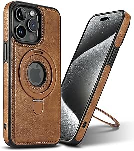 Magnetic for iPhone 15 Pro Max Leather Case,Invisible Stand [Compatible with Magsafe] Slim Kickstand Phone Cove (Brown, iPhone 15 Pro Max)