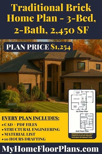 Traditional Brick Home Plan - 3-Bed, 2-Bath, 2,450 SF