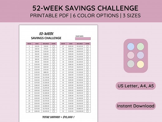 52 Week Saving Challenge, 10000 Saving Challenge, Printable PDF, Letter, A4, A5, 6 Colors, Personal Financial, Money Management, Budgeting - Etsy