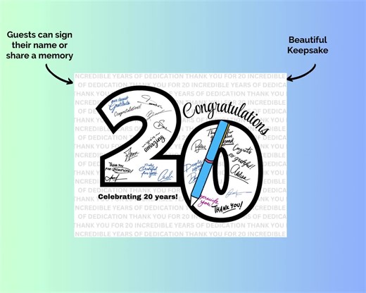 20th Work Anniversary, Celebrating 20 Years of Service, Card Alternative for Employee, Co-worker, Boss, Pastor, Volunteer - Etsy