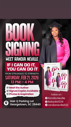 Join me Saturday, February 21st | 12PM–4PM 📍 Hair Q Parking Lot | Georgetown, SC Come out as I sell and sign my book, If I Can Do It, You Can Do It. This book is my real story the struggles, the growth, and the strength it took to keep going. If you’ve ever felt stuck, tired, overlooked, or counted out, this book is for you. ✍🏽 Signed Copy Package First 100 people receive: • Signed book • Custom bookmark • Custom water bottle • Custom sticker 🚗 Delivery Available Can’t make it out? No worries
