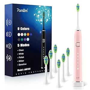 7AM2M Sonic Electric Toothbrush with 6 Brush Heads for Adults&Kids, One Charge for 120 Days, Wireless Fast Charge, 5 Modes, 40000VPM Powered Toothbrush, 2 Minutes Built in Smart Timer -Pink