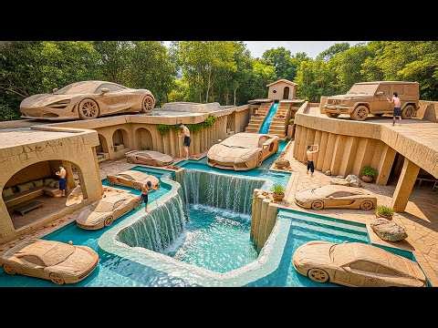 Building Luxury Carved Supercars Waterpark with Tunnel Pools Multi-Level Slide Using Primitive Tool