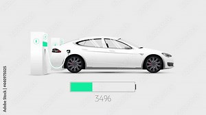 Side view white electric car charging at charging station with animated battery charging indicator on light background. Charging progress animation