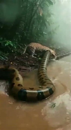 The leopard grabbed the anaconda and pulled it out of the water