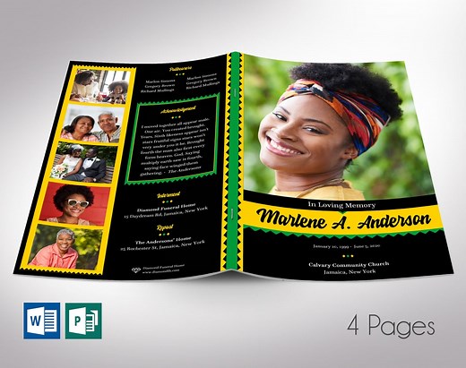 Jamaican Funeral Program Template | Word and Publisher: Black & Green 4-page Memorial Obituary (5.5x8.5) Digital - Etsy
