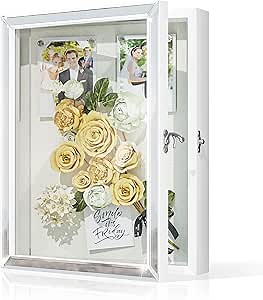 Shadow Box Frame 11x14, AGONEE Deep Large Shadow Box Display Case with Silver Glass Mirror and Glass Cover, Memory Box for Photos Flowers Medals Graduation Baby Wedding Pet Memorial Keepsakes, White