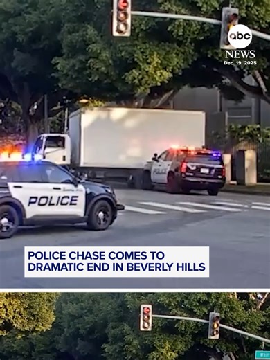 Newly released footage shows the end of a police chase in Southern California, with authorities seen using their vehicles to stop an allegedly stolen box truck. The suspect attempted to flee on foot but was quickly apprehended by officers in Beverly Hills.