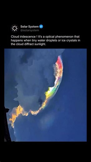 Solar System on Instagram: "Cloud iridescence is a rare and colorful optical phenomenon where sunlight diffracts through tiny water droplets or ice crystals, creating hues like pink, green, and violet on the cloud’s edge. Best seen near the sun during thin or newly formed clouds, it’s a mesmerizing sky display for photographers and nature lovers alike. . cloud iridescence, rainbow clouds, atmospheric phenomenon, optical phenomenon, colorful sky, diffraction of light, rare weather event, nature p