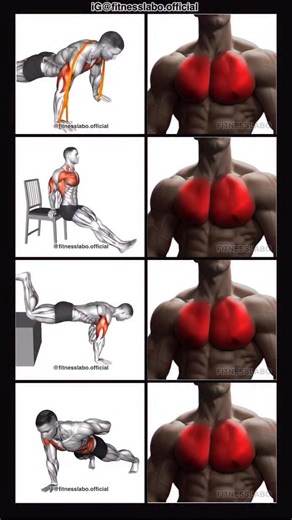 ✅ Chest Workout at Home ① Band Push-up ② Dips on Chair ③ Decline Push-up ④ One Arm Push-up 3 sets 15 reps | Fitnesslabo