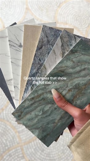 Which one would you choose? Here’s a look at our Epic Collection, quartz samples designed to showcase the full beauty and pattern of each slab. #fyp #quartz #marble #tile #stone