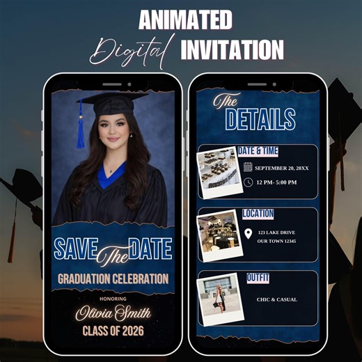Digital Graduation Party Invitation Template, Animated Navy Blue Grad Invite, Editable Itinerary, Save the Date Flyer, Class of 2025 - Etsy