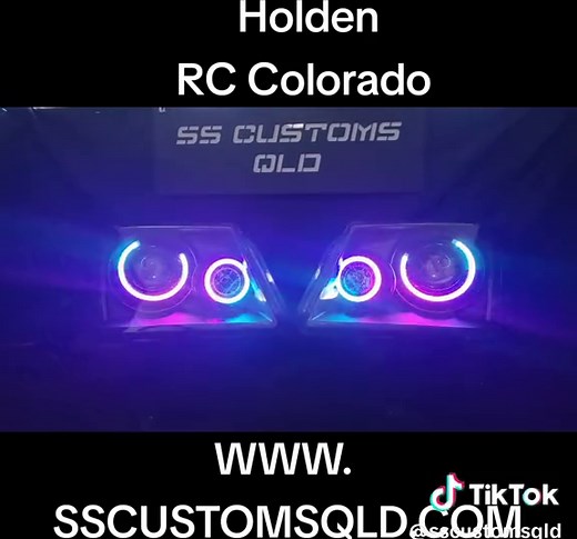 Holden RC Colorado custom headlights with retrofitted 3 inch Bi-LED projector & retrofitted 2.5 inch high beam projector with RGBW flow series Halos with start up animation sequential indicator function and 200 different Bluetooth controlled show modes RGBW demon eyes and honeycomb etched lens and blacked out chrome. #holden #colorado #rccolorado #customheadlights