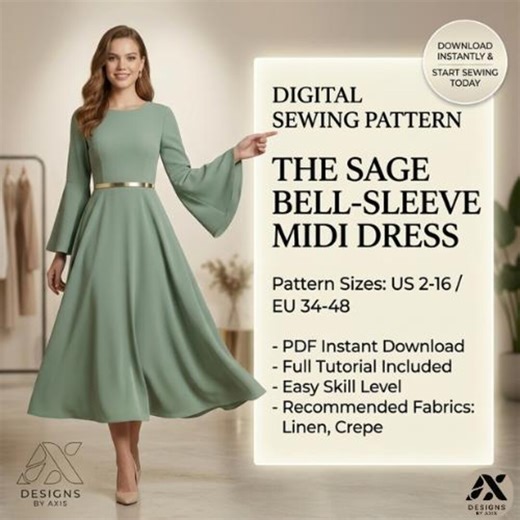 Bell Sleeve Midi Dress Sewing Pattern PDF | Elegant A-line Dress Pattern | Instant Download | A0, A4 & US Letter Printable Pattern - Etsy