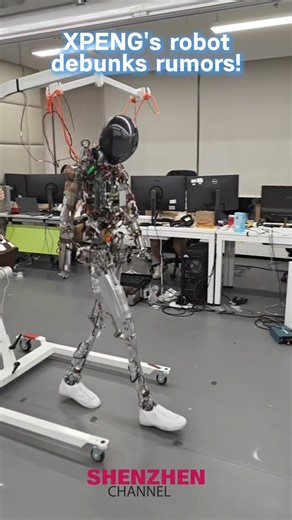 XPENG's robot debunks rumors! XPENG's next-gen IRON robot has led many to believe it was a human in a suit. Recently, a video from XPENG's laboratory has put an end to the rumors. The IRON in the video is shown without a skin covering, revealing its intricate mechanical structure. | ShenzhenStory