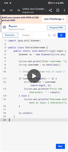 Sharing my progress in java Title: Extract string from user name | Sameem Rahim