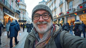handsome self-portrait a happy middle-aged man taking a selfie on the main thoroughfare in Bordeaux.
