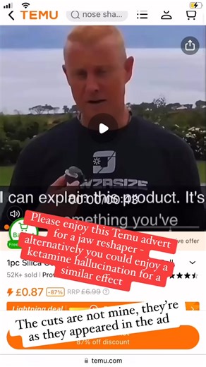 This baffling, disjointed and weird Temu ad is selling a jaw reshaper like it’s a self-driving car. The cuts are not mine - that’s just how the ad appeared | AdTurds