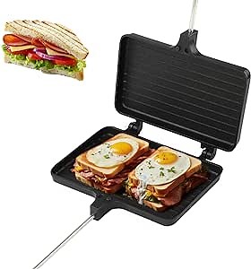 Double Pie Iron Campfire Sandwich Maker,Non Stick Coated Insulated Handle Sandwich Grill,Fast Heat Conduction Sandwich Frying Pan for Camping Cookware Equipment