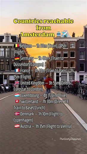 Countries reachable from Amsterdam!#Amsterdam #TravelFromAmsterdam #EuropeTravel #Eurostar #travel