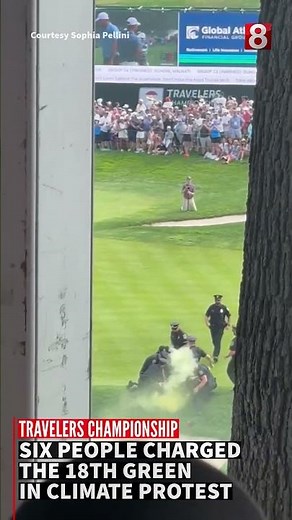 Protesters charge Travelers Championship green