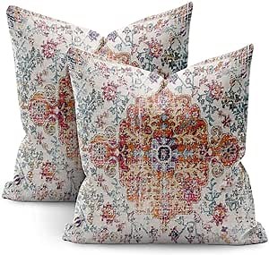 Orange Boho Pillow Covers 18x18 Set of 2, Decorative Linen Couch Pillows for Bed Sofa Room Farmhouse, Throw Pillow Covers
