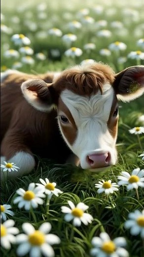 Adorable Baby Calf Playing in Daisy Field | Cute Farm Animals
