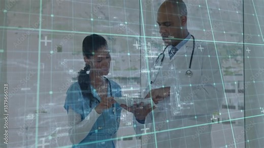 Nurse tapping tablet for reviewing medical data doctor highlighting chart data grid overlay showing