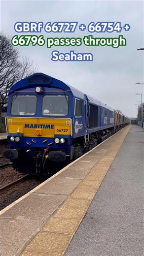 GBRf Triple Header 66727 + 66754 + 66796 passes through Seaham. #sheds