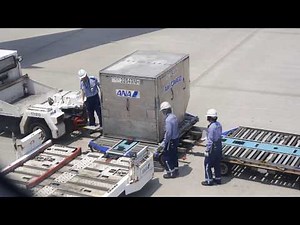 羽田空港 ANA B777-300 機内から見るコンテナ積込作業