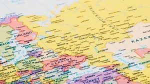 Close-up of the country word Ukraine on a world map with the detailed name of the capital city | Premium Stock Video Footage