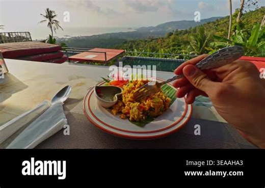 First Person View Eating Fried Rice on Terrace With Tropical Mountain Landscape and Ocean Horizon Showing Relaxed Vacation Dining and Exotic Travel Experience Stock Video Footage - Alamy