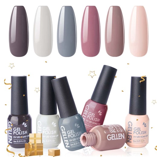Gellen Gel Nail Polish Kit, 6 Colors Nudes Grey UV Gel Polish Set, Soak Off Nail Polish Set for Home DIY Nail Art, Gifts for Women